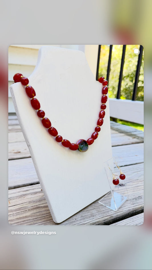 Red Bead Necklace with Matching Earrings